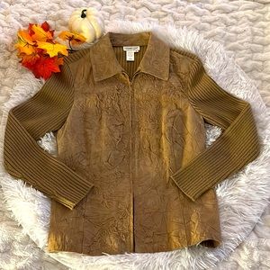 Coldwater Creek sz S tan crushed leather shacket zipper wool sweater jac…
